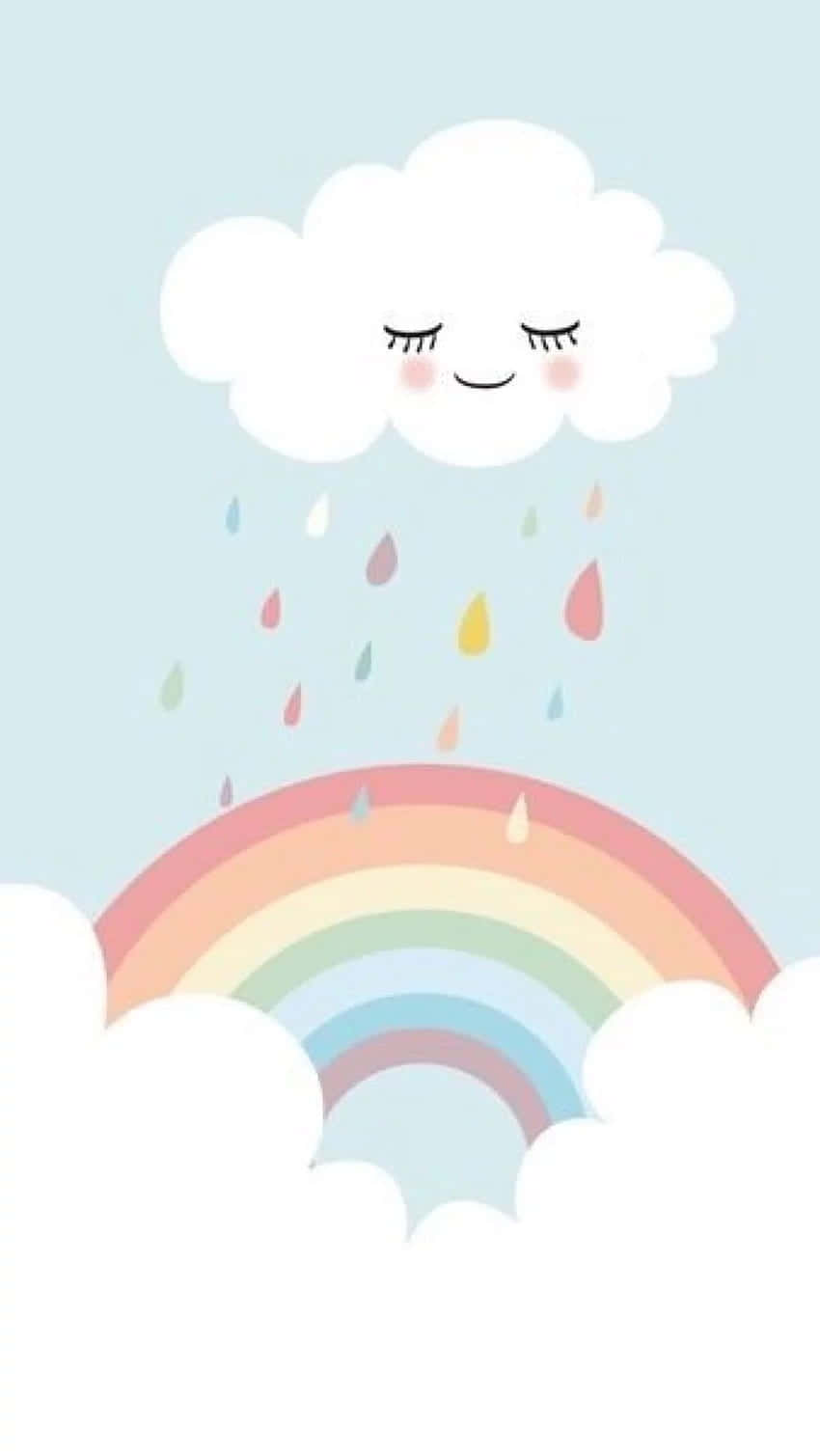 雲朵 桌布 壁紙 — 一朵帶有睫毛的微笑雲朵，輕輕地將彩色水滴灑落在蓬鬆雲朵之間拱起的鮮豔彩虹上。