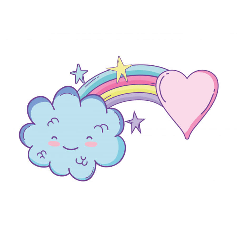 Cute Rainbow Pastel 桌布 壁紙 — 一朵帶有笑臉的快樂藍色雲朵散發出色彩繽紛的彩虹，最終形成一個被星星包圍的粉紅色心形。