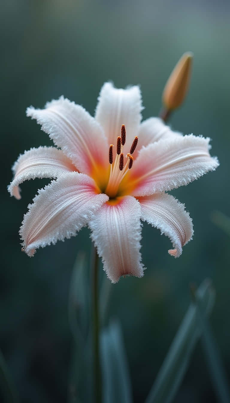 Flower 壁紙 — 一朵帶有粉紅色調和模糊邊緣的精緻白色百合花，在模糊的綠色背景下柔和綻放。