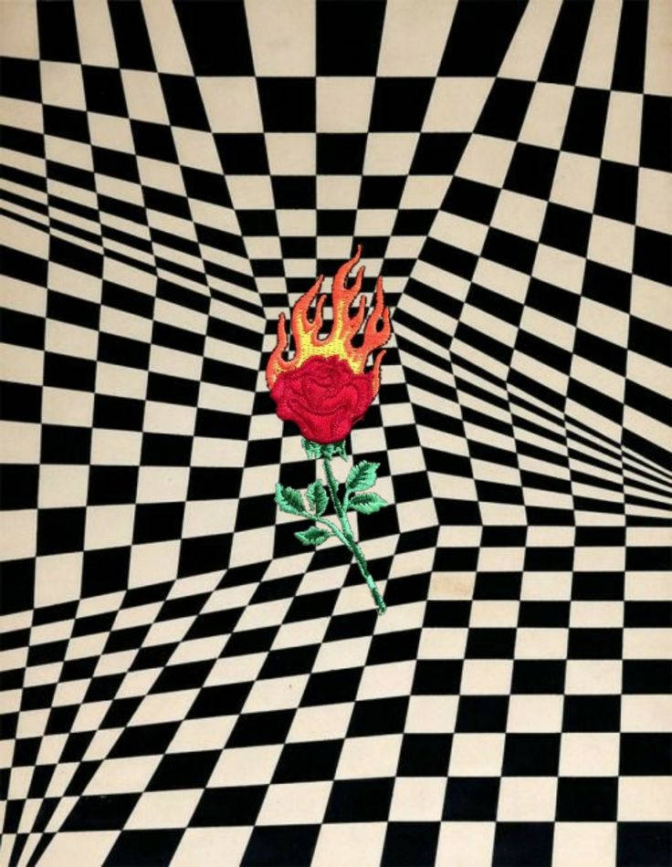 Black And White Squares 桌布 壁紙 — 一朵帶有綠色莖的熾熱紅玫瑰，位於扭曲的黑白棋盤格地板中央，產生視錯覺。