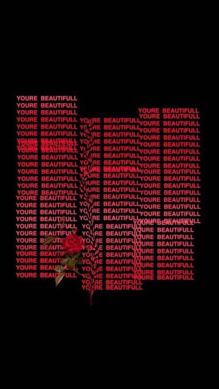 暗紅色 桌布 壁紙 — 一朵帶有綠葉的紅玫瑰從重複的紅色文字「YOU'RE BEAUTIFULL」的區域中浮現，背景為黑色。