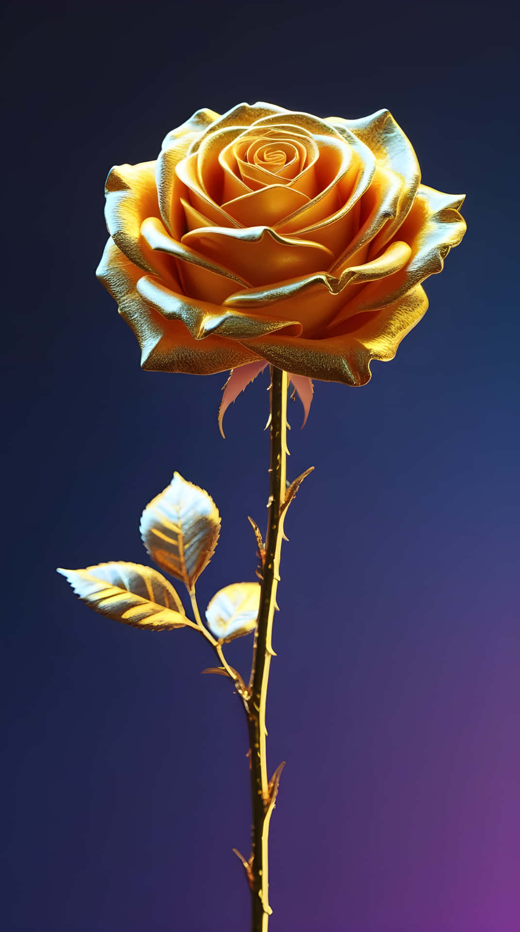 The beautiful rose wallpaper 壁紙 — 一朵帶有金屬光澤和精細花瓣的金色玫瑰，矗立在紫色和藍色漸變背景前。