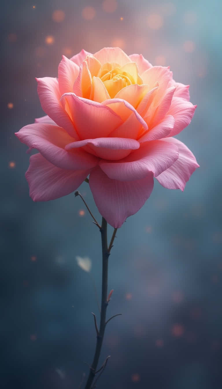 Flower 壁紙 — 一朵帶有金色花心的蜜桃色玫瑰在夢幻藍色背景上綻放，伴隨著柔和發光的粒子。