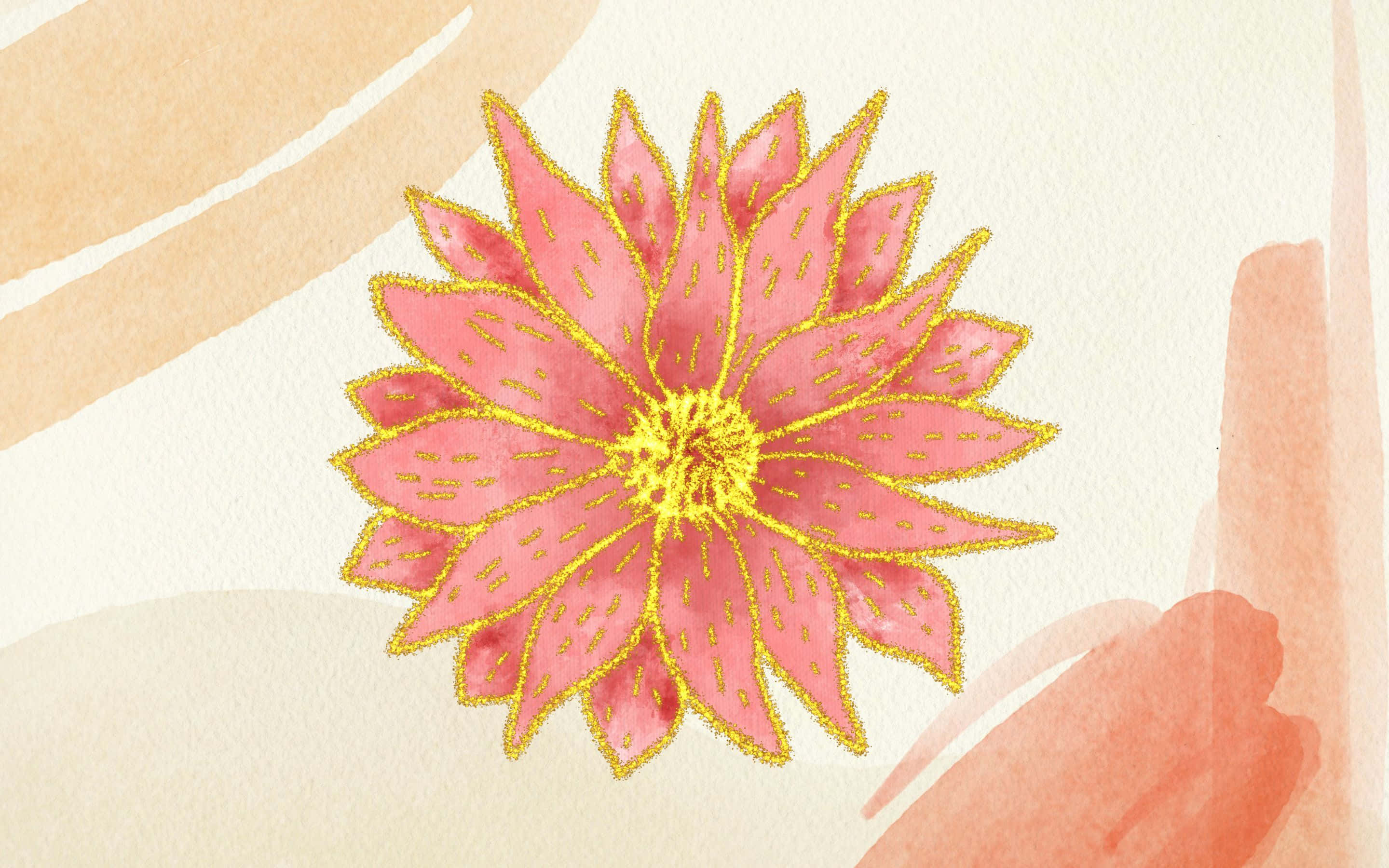 2880x1800 桌布 壁紙 — 一朵帶有金色輪廓的鮮豔粉紅色花朵，在柔和的水彩蜜桃和奶油色調中盛開。