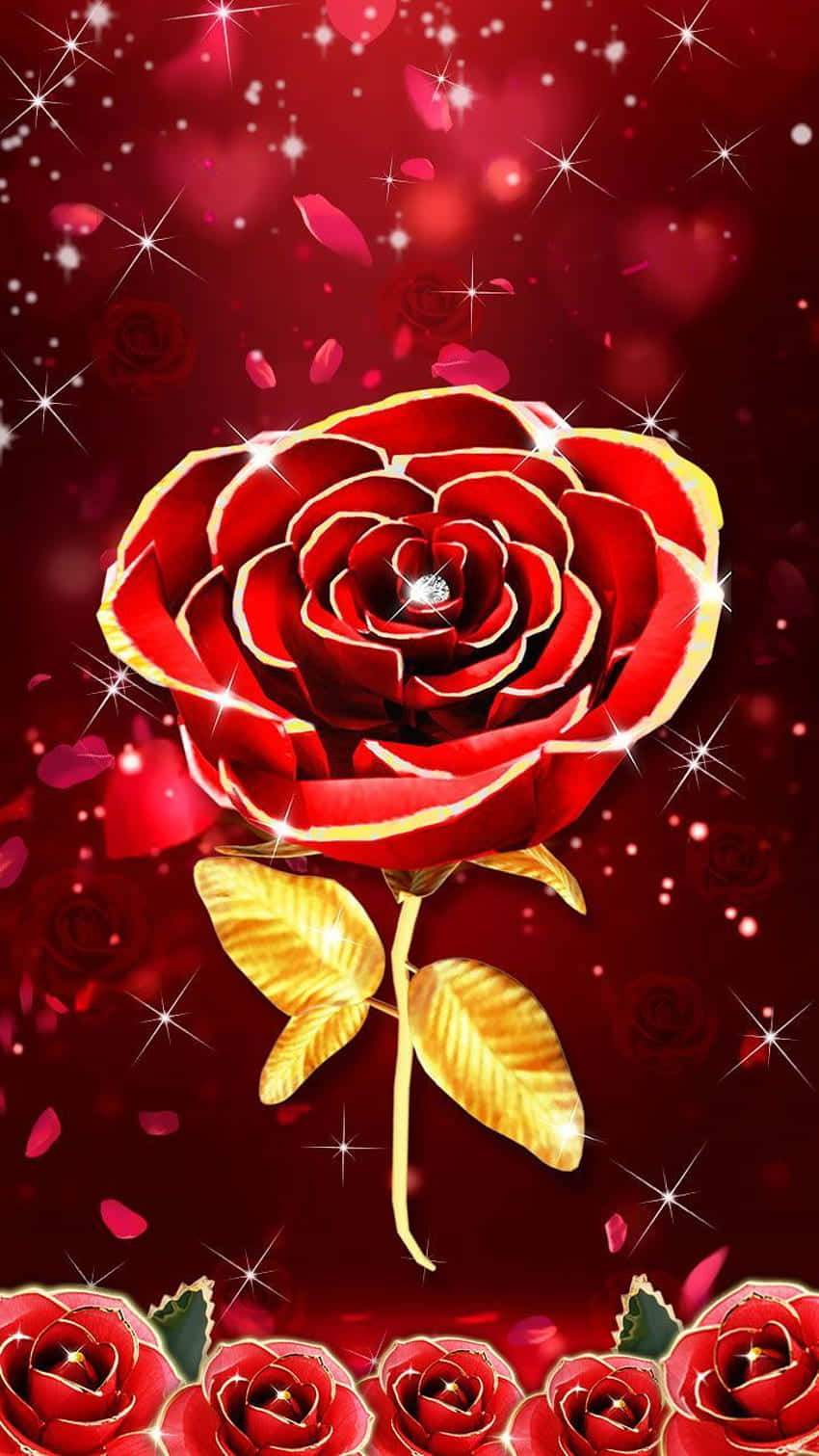 Roses 桌布 壁紙 — 一朵帶有金色邊緣和葉子的鮮豔紅玫瑰，在閃爍的深紅色背景上發光，並有漂浮的花瓣。