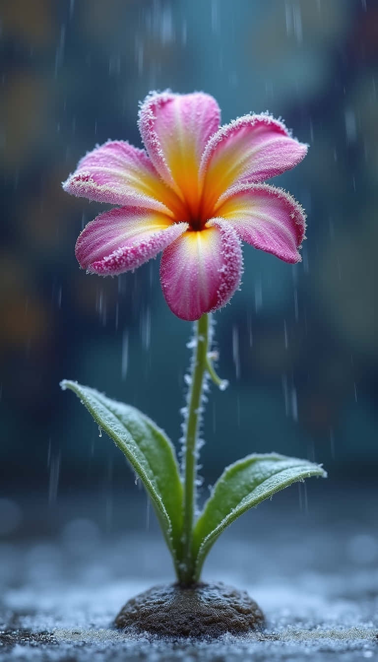 花卉 桌布 壁紙 — 一朵帶有霜凍邊緣的鮮豔粉黃色雞蛋花在雨中對著模糊的冷色背景頑強綻放。