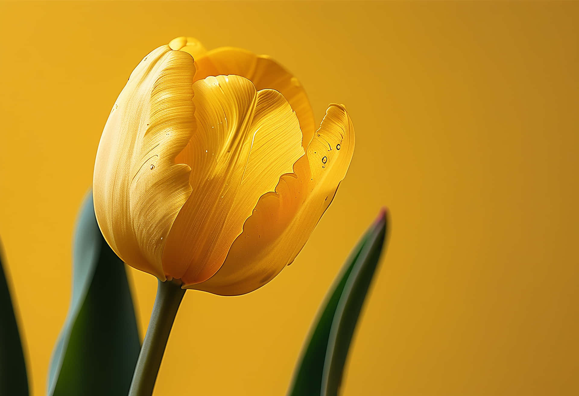 The Elegance of a Bright Yellow Tulip Revived by Raindrops 壁紙 — 一朵帶有露珠的黃色鬱金香，在純金色背景上綻放，襯以綠葉。