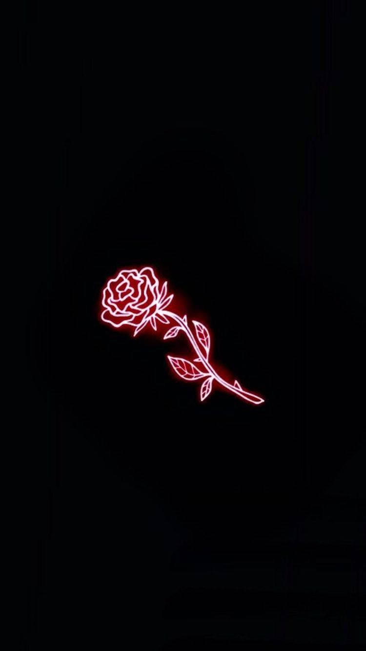 rose aesthetic phone 桌布 壁紙 — 一朵帶莖葉的發光紅色霓虹玫瑰，在漆黑背景中脫穎而出。