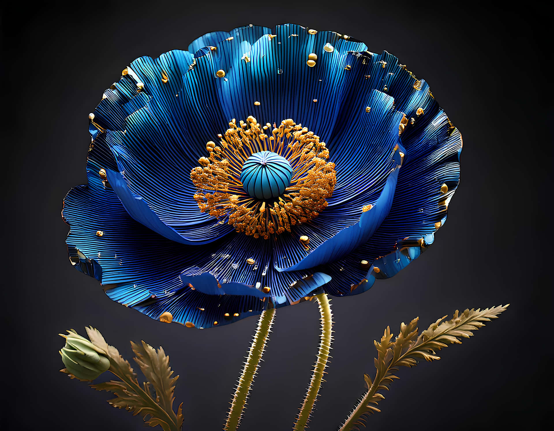 Poppy 壁紙 — 一朵引人注目的藍色罌粟花，帶有金色雄蕊和金屬光澤，在深色背景上綻放。