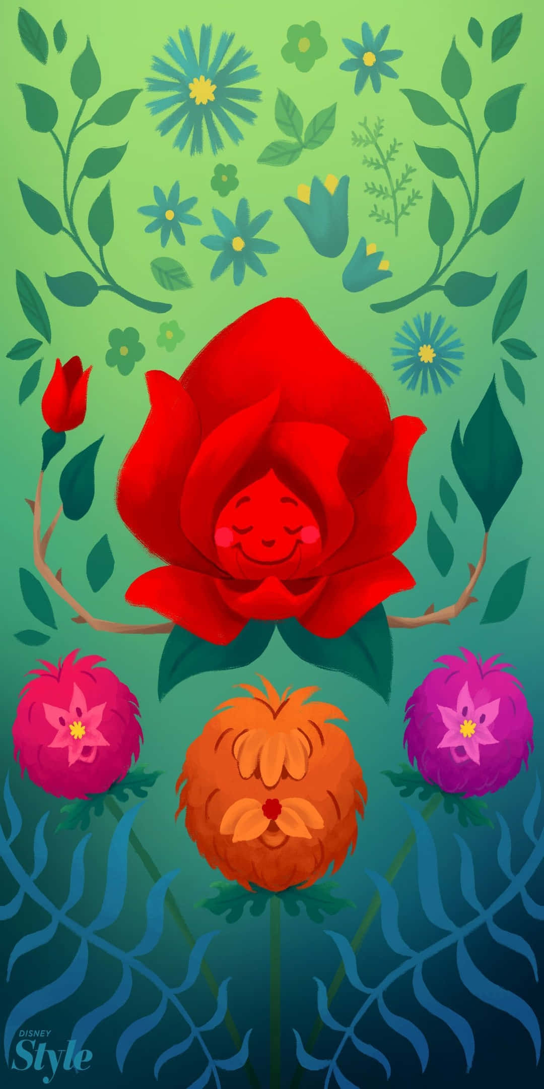Pixel 3 Disney 桌布 壁紙 — 一朵快樂的紅玫瑰，帶著微笑的臉，在色彩繽紛的風格化花朵和綠色葉片中，於漸變綠色背景中央盛開。