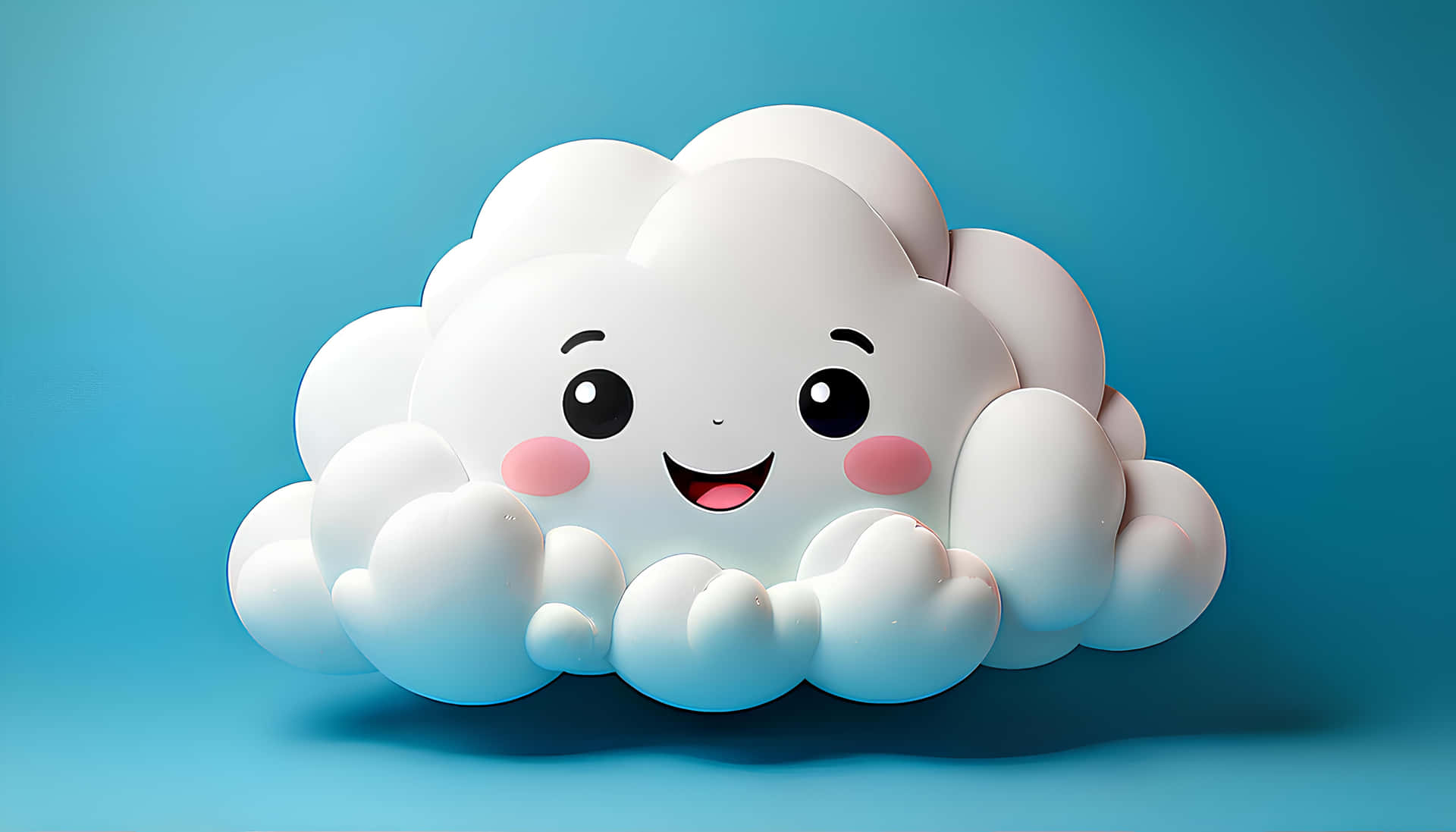 Smiling Cloud 壁紙 — 一朵愉快的白色卡通雲，帶有玫瑰色的臉頰和燦爛的笑容，位於純藍色背景上。