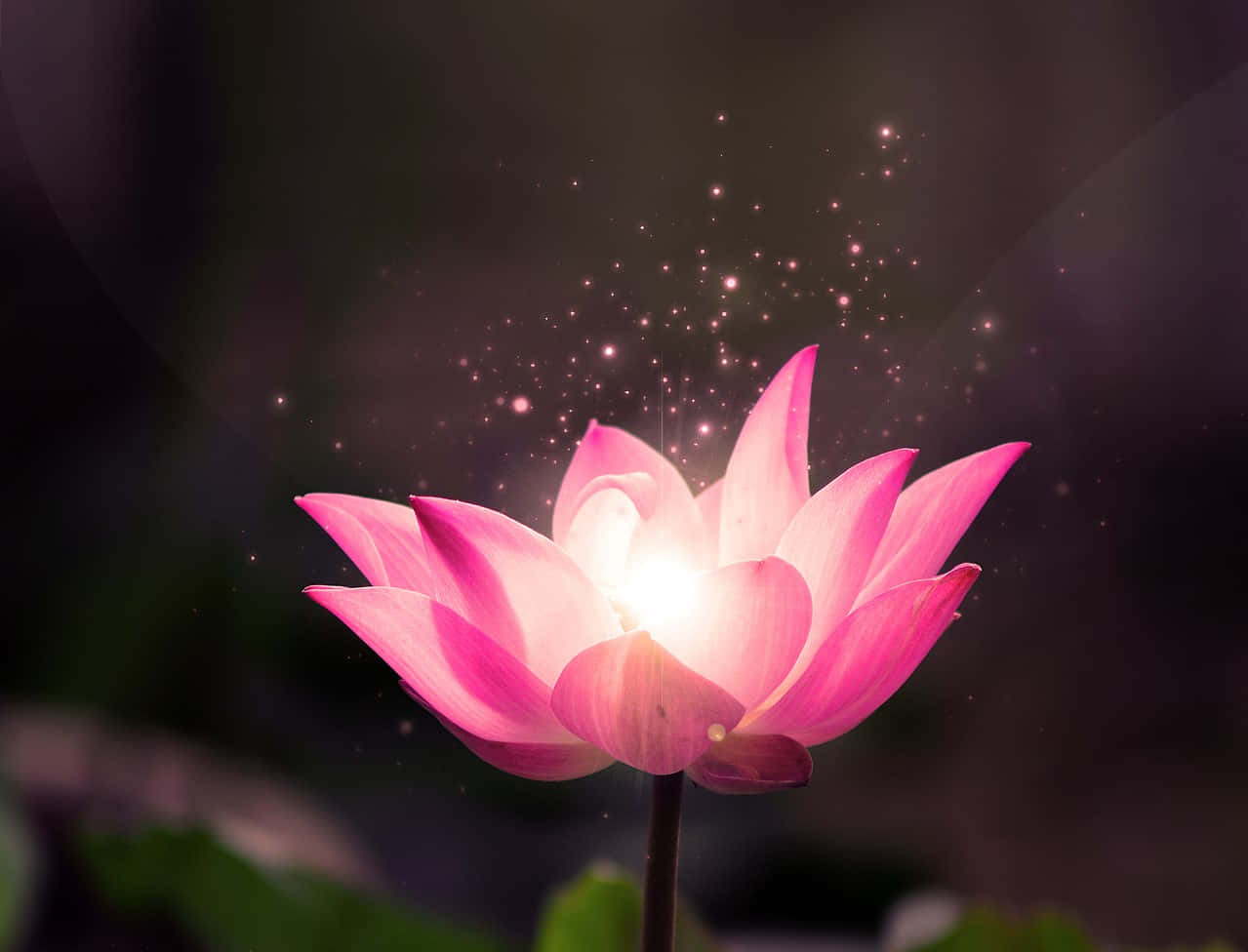 lotus 桌布 壁紙 — 一朵散發光芒的粉紅蓮花在黑暗模糊的背景中綻放，帶有閃爍的光點和粒子。
