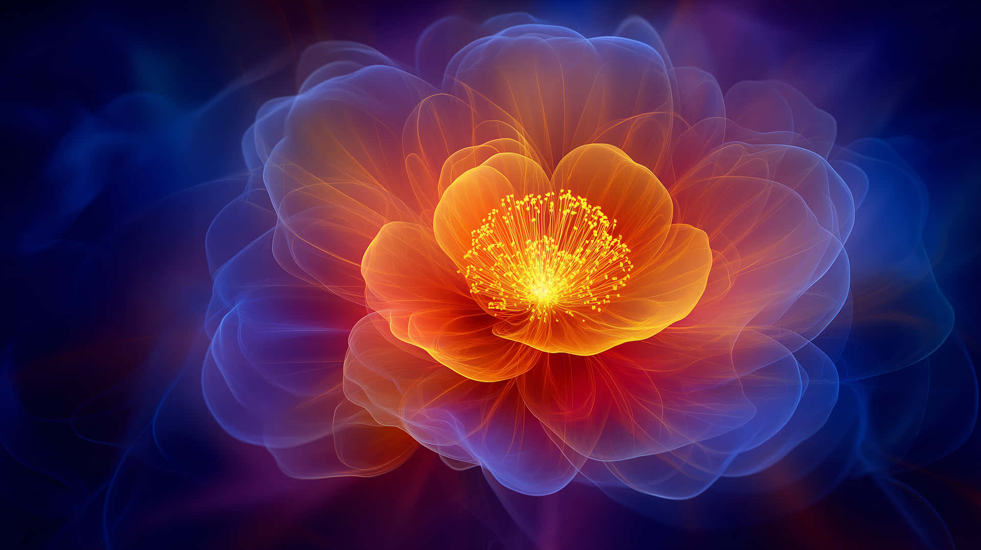 Mesmerizing Abstract Bloom: Translucent Petals with Aura 壁紙 — 一朵明亮的橙色花朵，帶有發光的黃色雄蕊，在旋轉的藍色和紫色星雲背景下散發光芒。