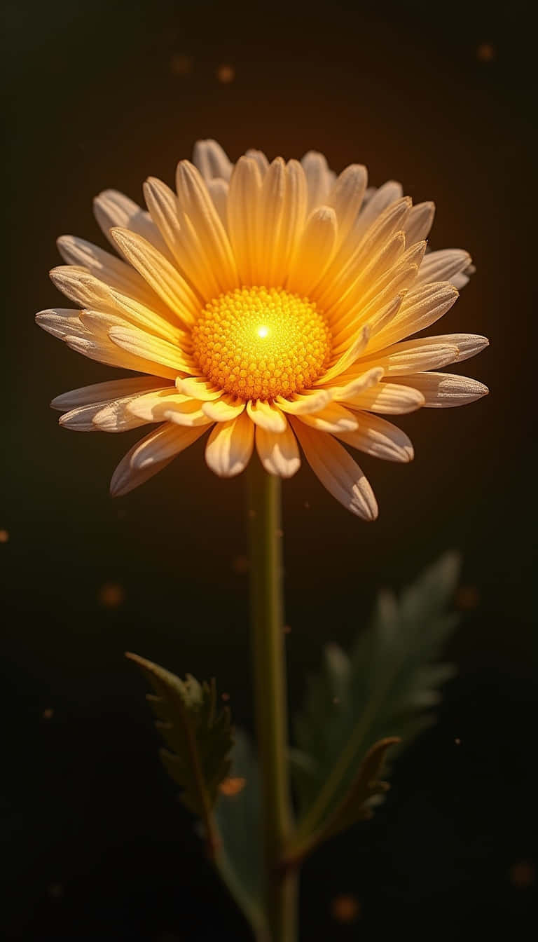 Flower 壁紙 — 一朵明亮的黃色雛菊，帶有發光的花心和精緻的花瓣，在黑暗背景中高高聳立，周圍漂浮著金色粒子。