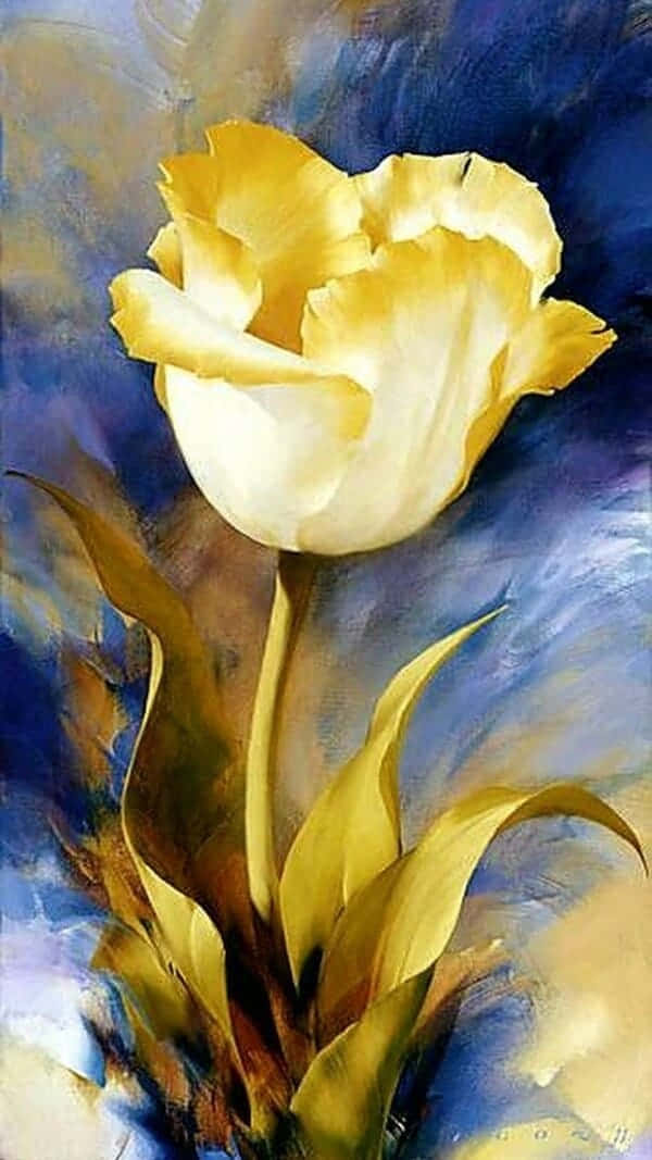 Paint Art 桌布 壁紙 — 一朵明亮的黃色鬱金香在旋轉的藍色和金色抽象背景上以繪畫風格綻放。