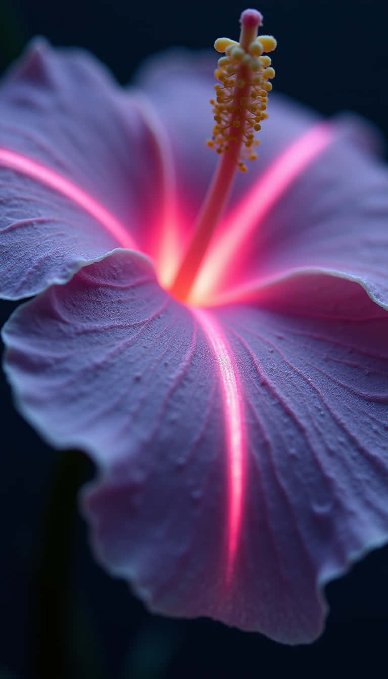 Flower 壁紙 — 一朵木槿花的特寫，在深色背景下，柔軟的薰衣草花瓣上有發光的粉紅色脈絡和露珠。