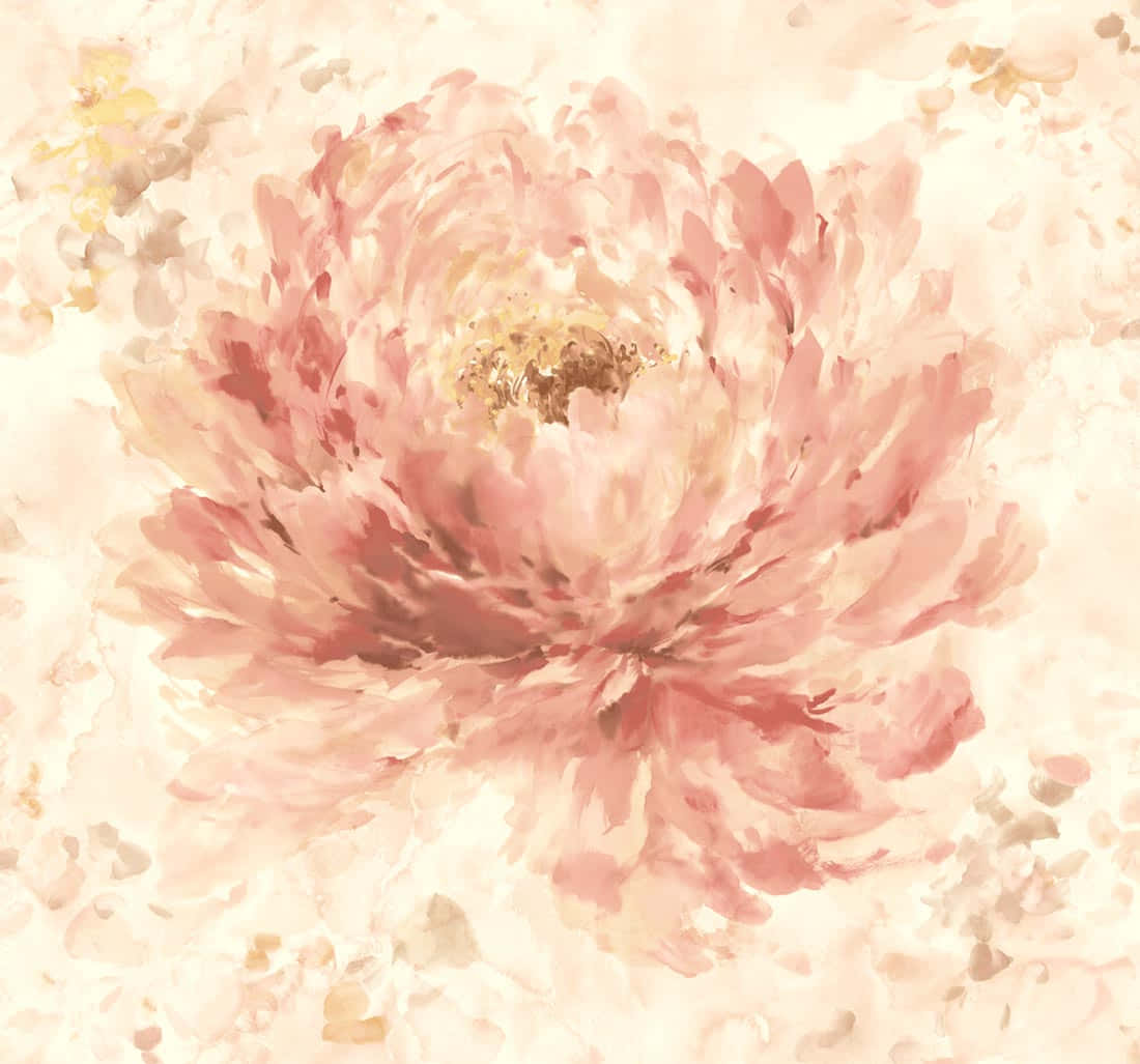 桌布 壁紙 — 一朵柔和水彩畫風的粉紅牡丹在奶油米色背景上以細膩筆觸綻放。