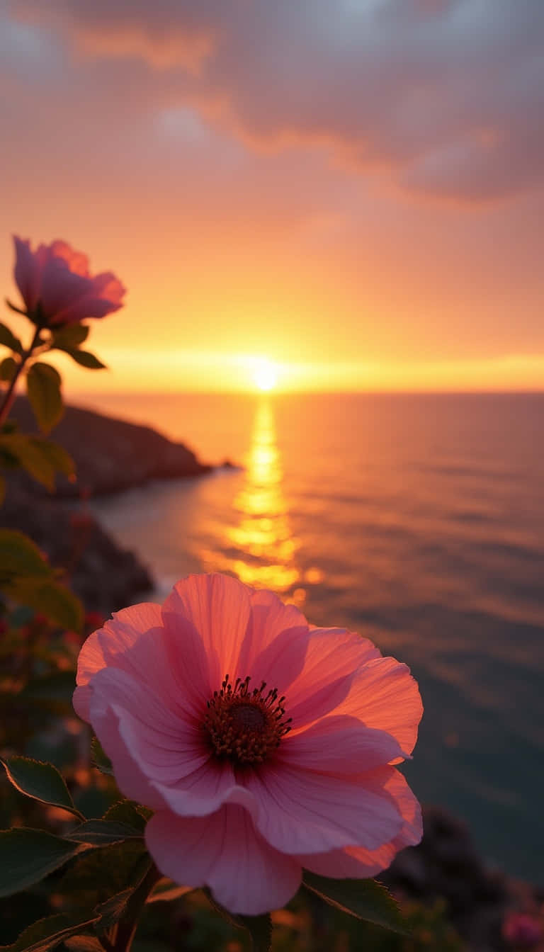 Flower 壁紙 — 一朵柔和的粉紅玫瑰在前景盛開，背景是海洋上的金色日落和溫暖發光的天空。