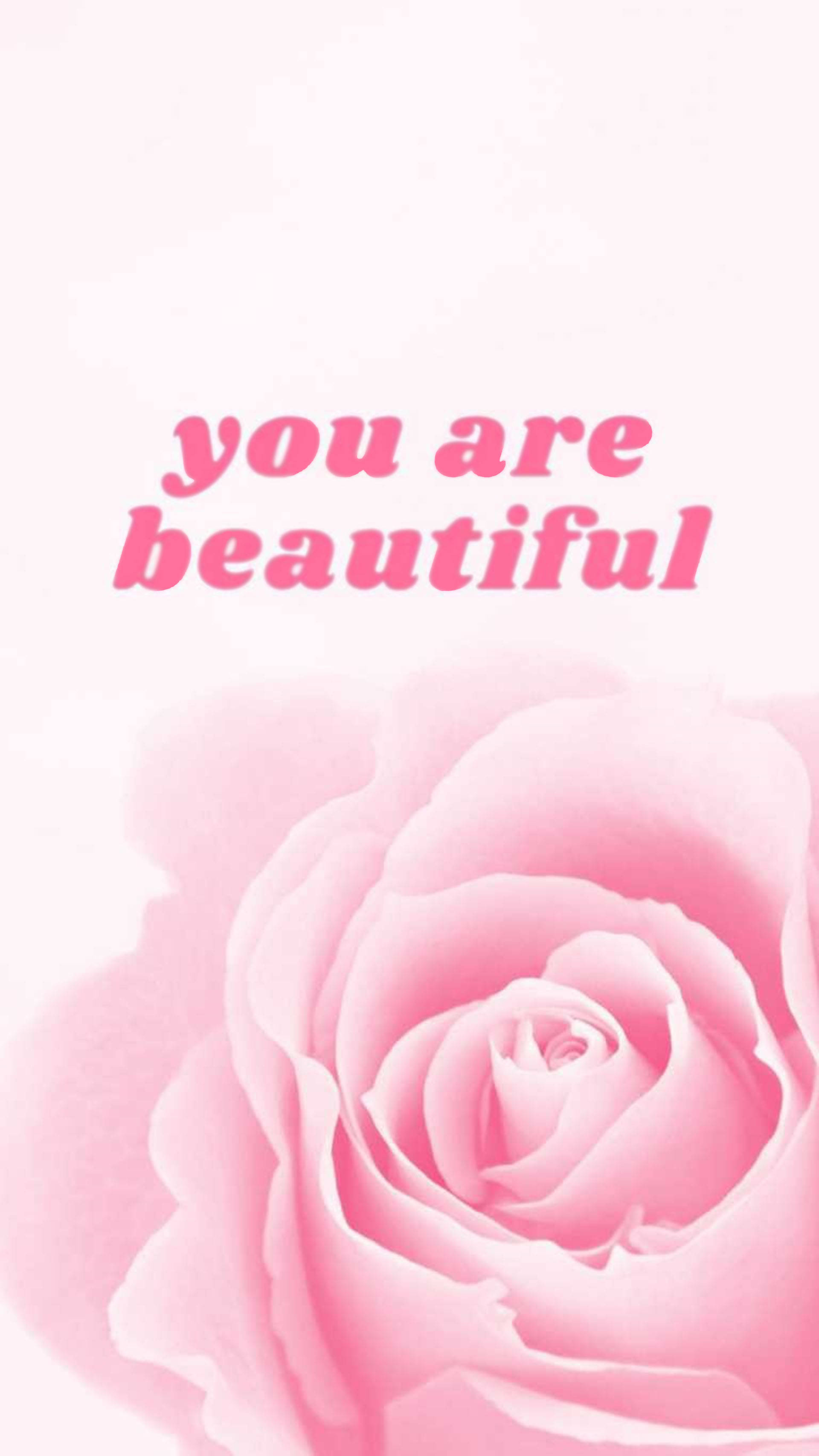 You Are Beautiful 桌布 壁紙 — 一朵柔和的粉紅玫瑰在淡色背景上輕輕綻放，並配上相配的粉紅色字體寫著振奮人心的句子「你很美」。