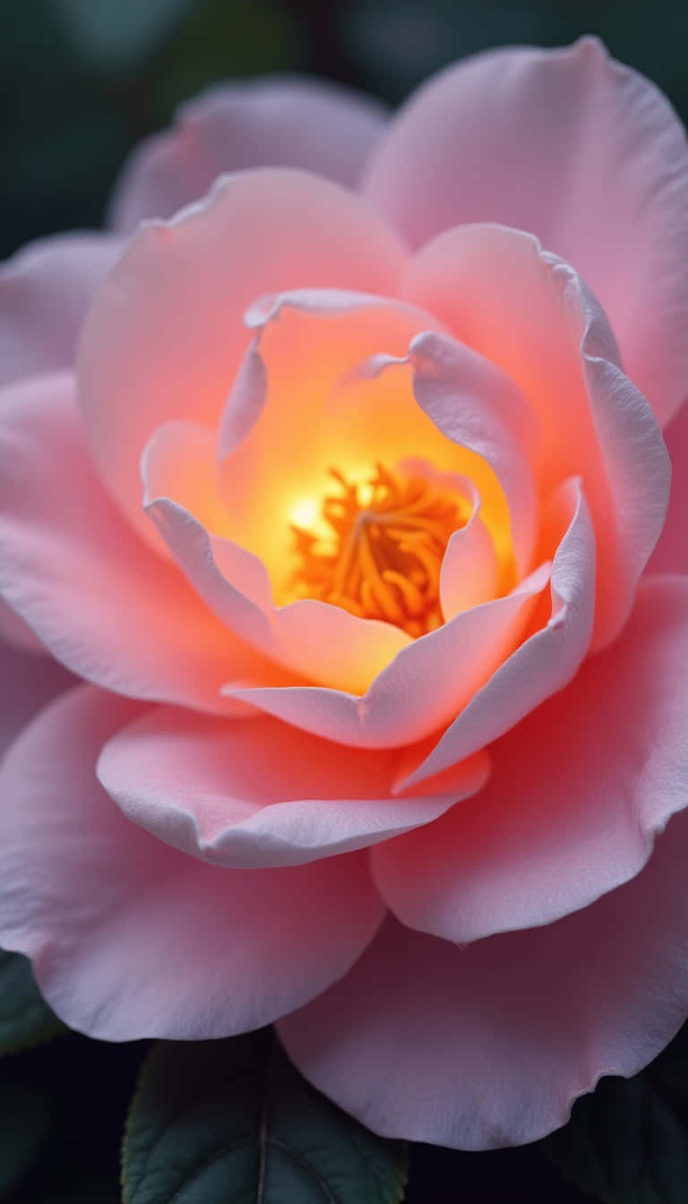 Flower 壁紙 — 一朵柔和的粉紅玫瑰在深綠色葉子襯托下盛開，帶有發光的金色花心。