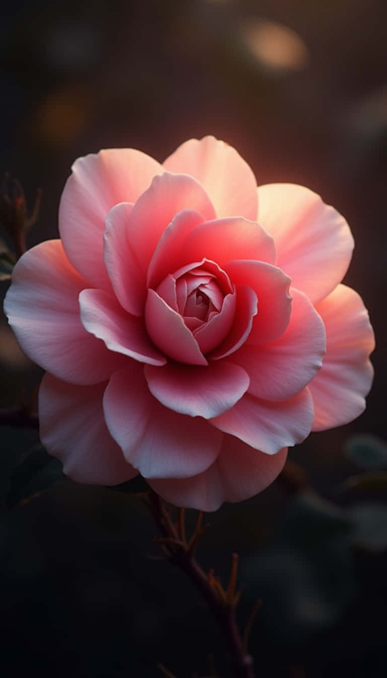Flower 壁紙 — 一朵柔和的粉紅玫瑰在溫暖的逆光中盛開，細膩的花瓣在黑暗模糊的背景前展開。