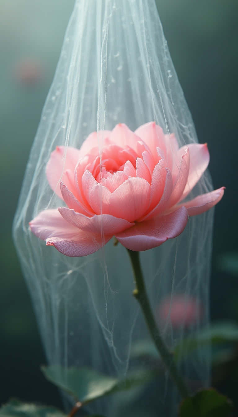 Flower 壁紙 — 一朵柔和的粉紅玫瑰在輕薄的白紗下 gently 綻放，露珠捕捉著光線。