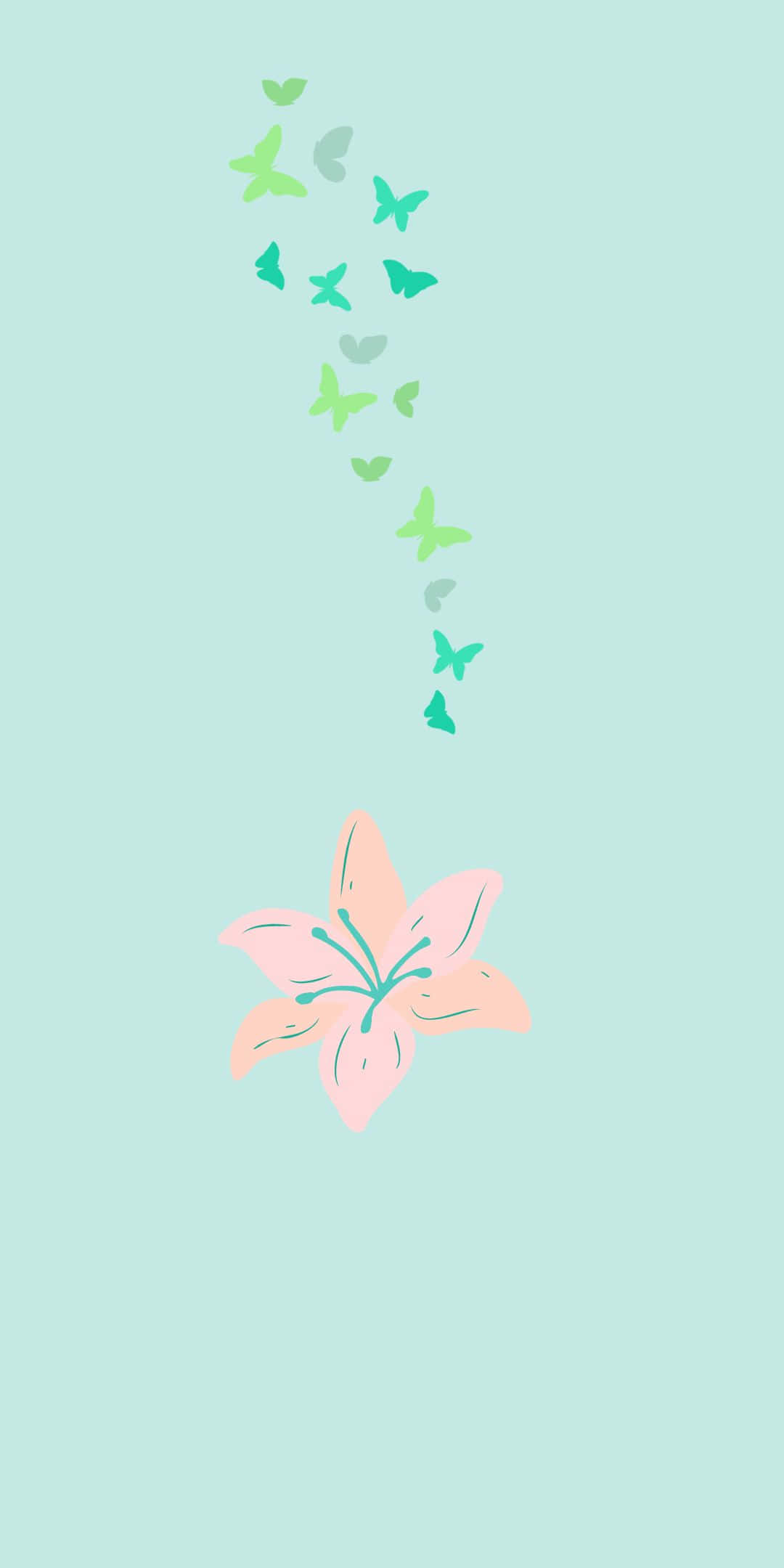 Pink Flower 桌布 壁紙 — 一朵柔和的粉紅百合在底部盛開，一串綠色和藍綠色的蝴蝶在薄荷綠背景中向上飛升。