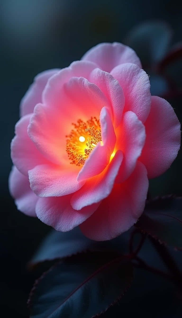 Flower 壁紙 — 一朵柔和的粉紅色山茶花在深色模糊的樹葉襯托下綻放，中心閃爍著琥珀色光芒。