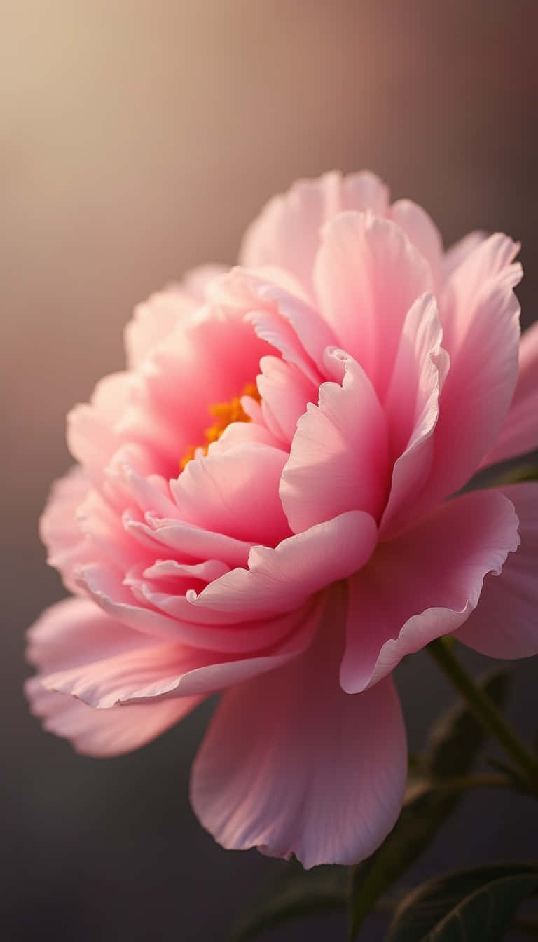 Flower 壁紙 — 一朵柔和的粉紅色牡丹在柔和光線中盛開，花瓣層層疊疊，中心帶有淡淡的黃色，背景模糊。