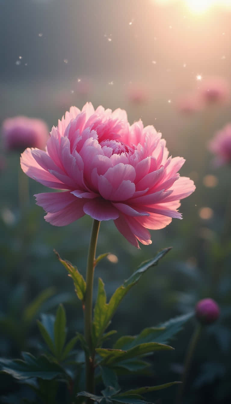 Flower 壁紙 — 一朵柔和的粉紅色牡丹在陽光明媚的田野中綻放，帶有柔和逆光和漂浮的微粒。