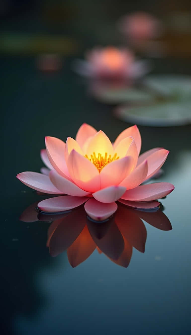 Flower 壁紙 — 一朵柔和的粉紅色睡蓮，帶有發光的黃色中心，靜靜地漂浮在倒映其花瓣的深色水面上。
