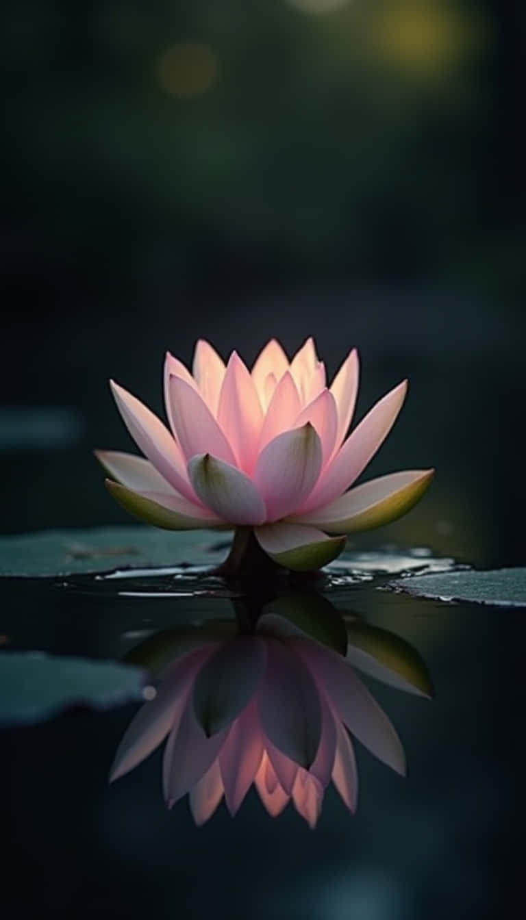 Flower 壁紙 — 一朵柔和的粉紅色睡蓮在深色水面上盛開，帶有完美的倒影和背景中模糊的綠色樹葉。