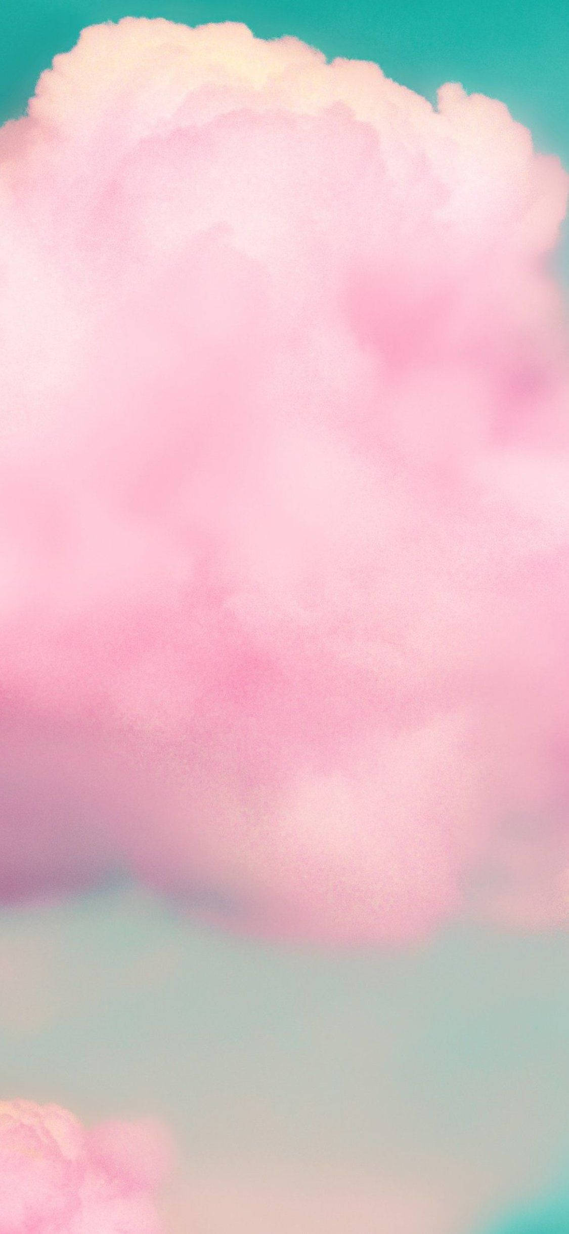 雲朵 桌布 壁紙 — 一朵柔和的粉紅雲在夢幻般的青綠色天空中飄浮，營造出寧靜而空靈的氛圍。