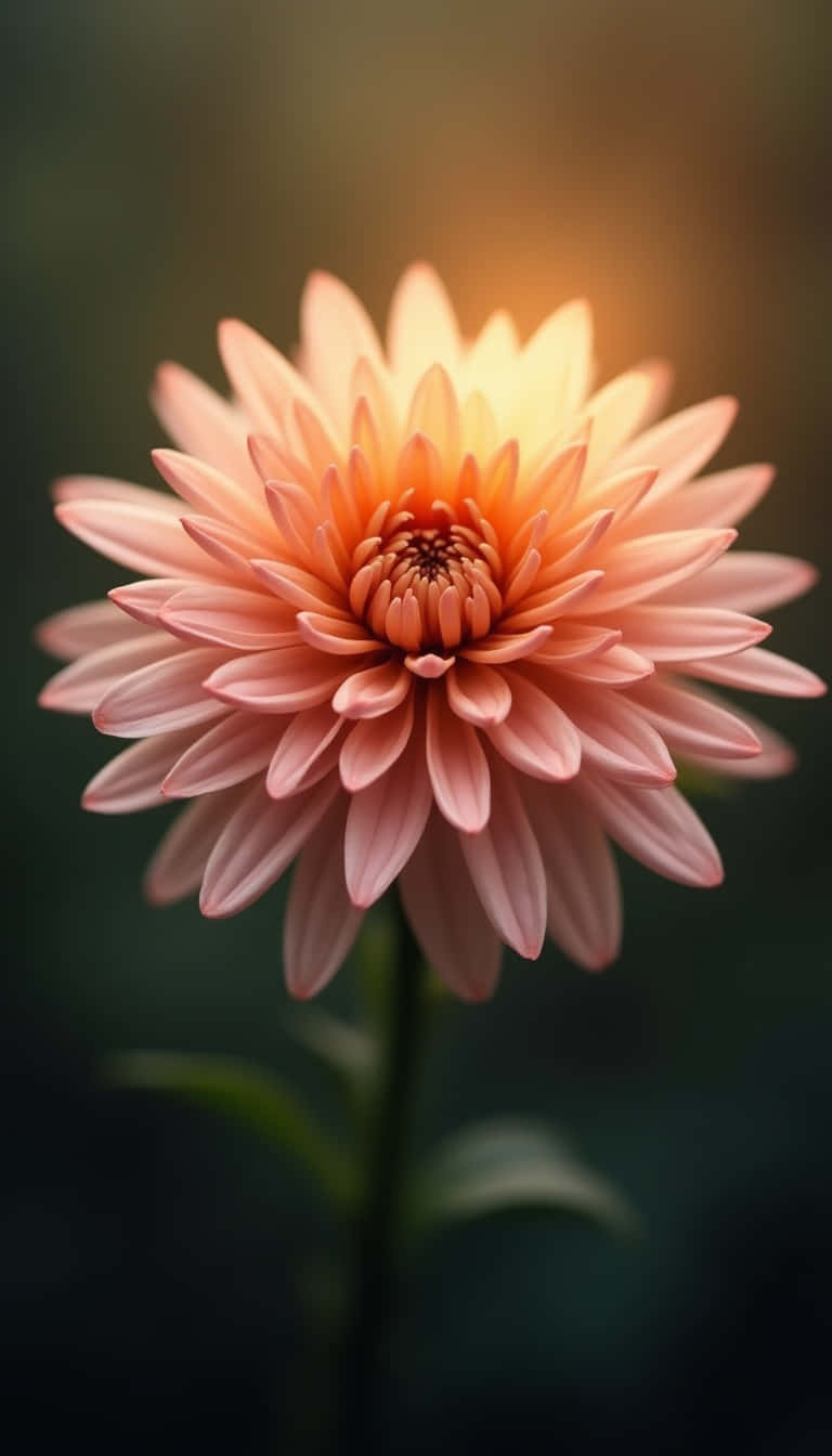 Flower 壁紙 — 一朵柔和的蜜桃色大麗花盛開，層層疊疊的花瓣在模糊的深綠色背景下溫暖地發光。