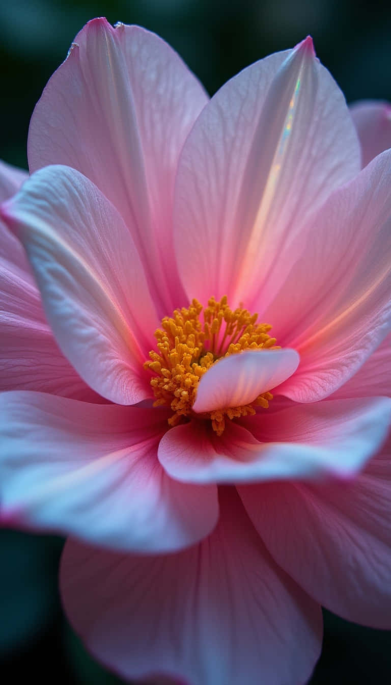 Flower 壁紙 — 一朵柔粉色花朵的特寫，花瓣精緻，鮮黃色的花蕊在柔和光線中閃耀。