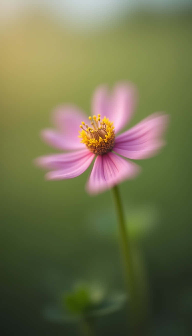 Flower 壁紙 — 一朵柔軟的粉紅色大波斯菊，帶有黃色中心，在模糊的綠色和金色背景下以柔和焦點呈現。