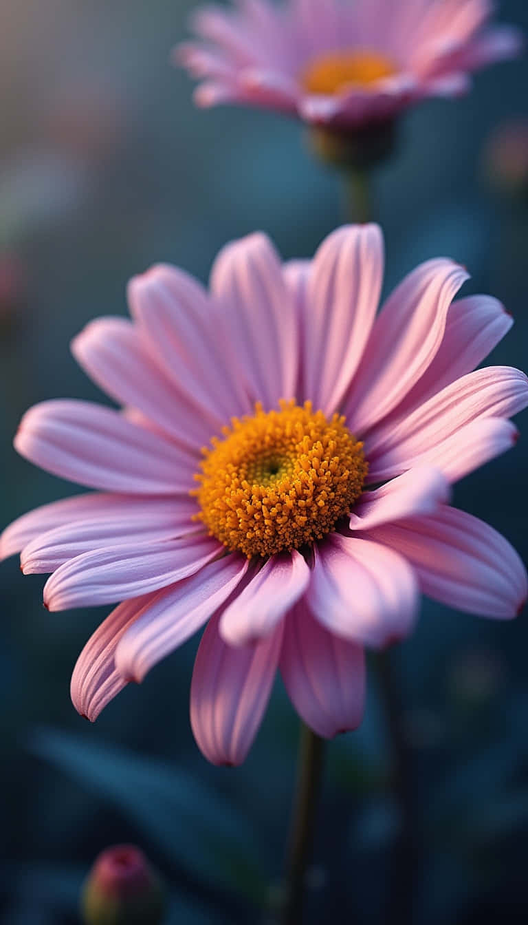 Flower 壁紙 — 一朵柔軟的粉紅色雛菊的特寫，帶有充滿活力的黃色中心，在模糊的深藍色背景下綻放。