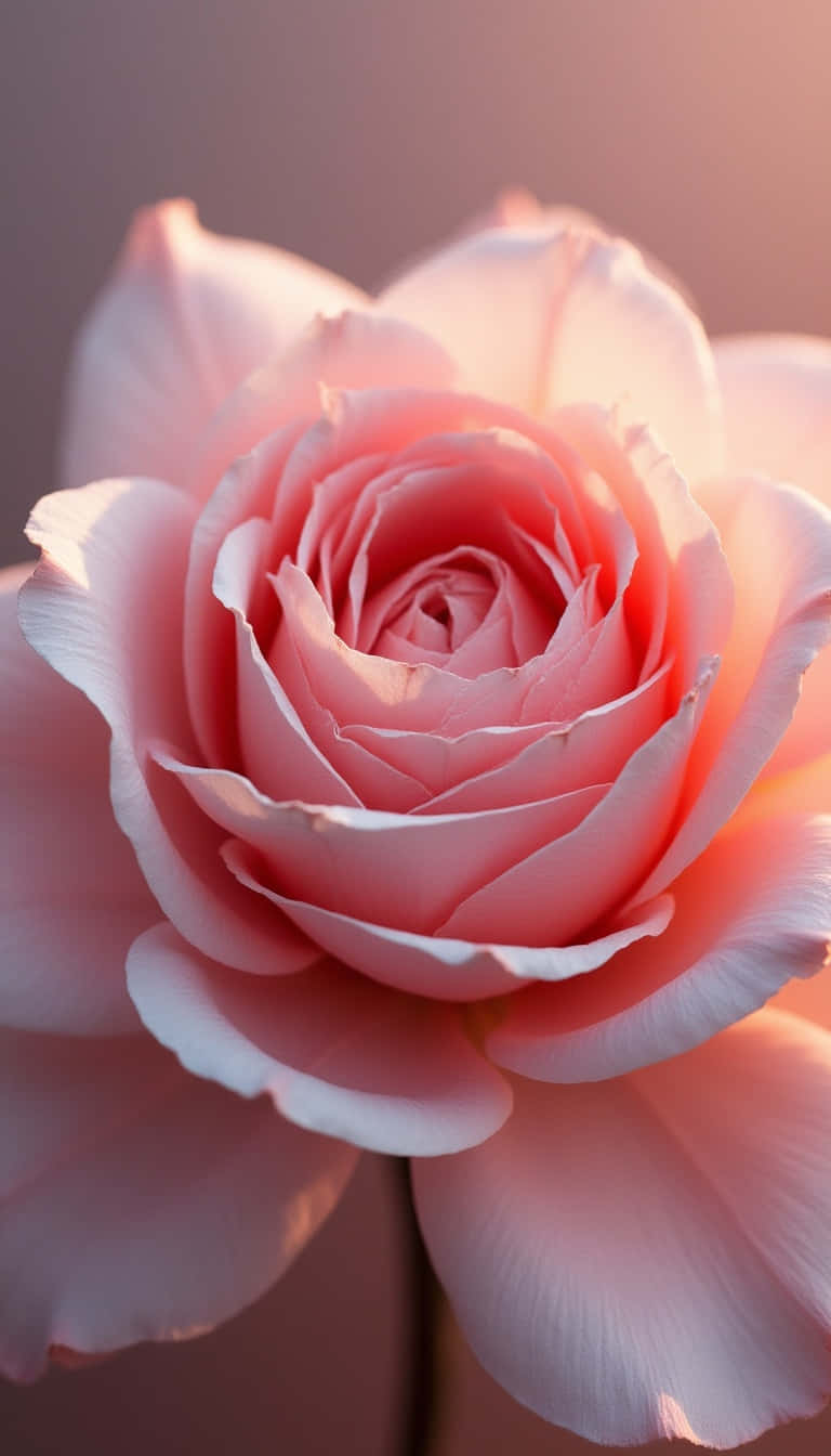 Flower 壁紙 — 一朵柔軟粉紅玫瑰的特寫，精緻層層疊疊的花瓣在溫暖的背光中閃耀。