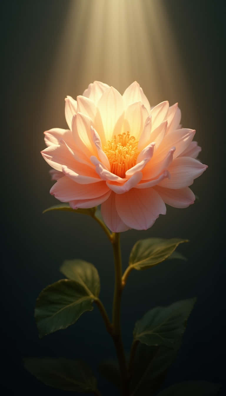 Flower 壁紙 — 一朵桃色大麗花在神聖聚光燈下於深色背景中綻放。