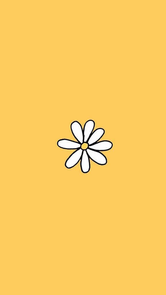 Cute Yellow Aesthetic 桌布 壁紙 — 一朵極簡風格的白色雛菊，帶有黑色輪廓和黃色花心，居中在純暖黃色背景上。