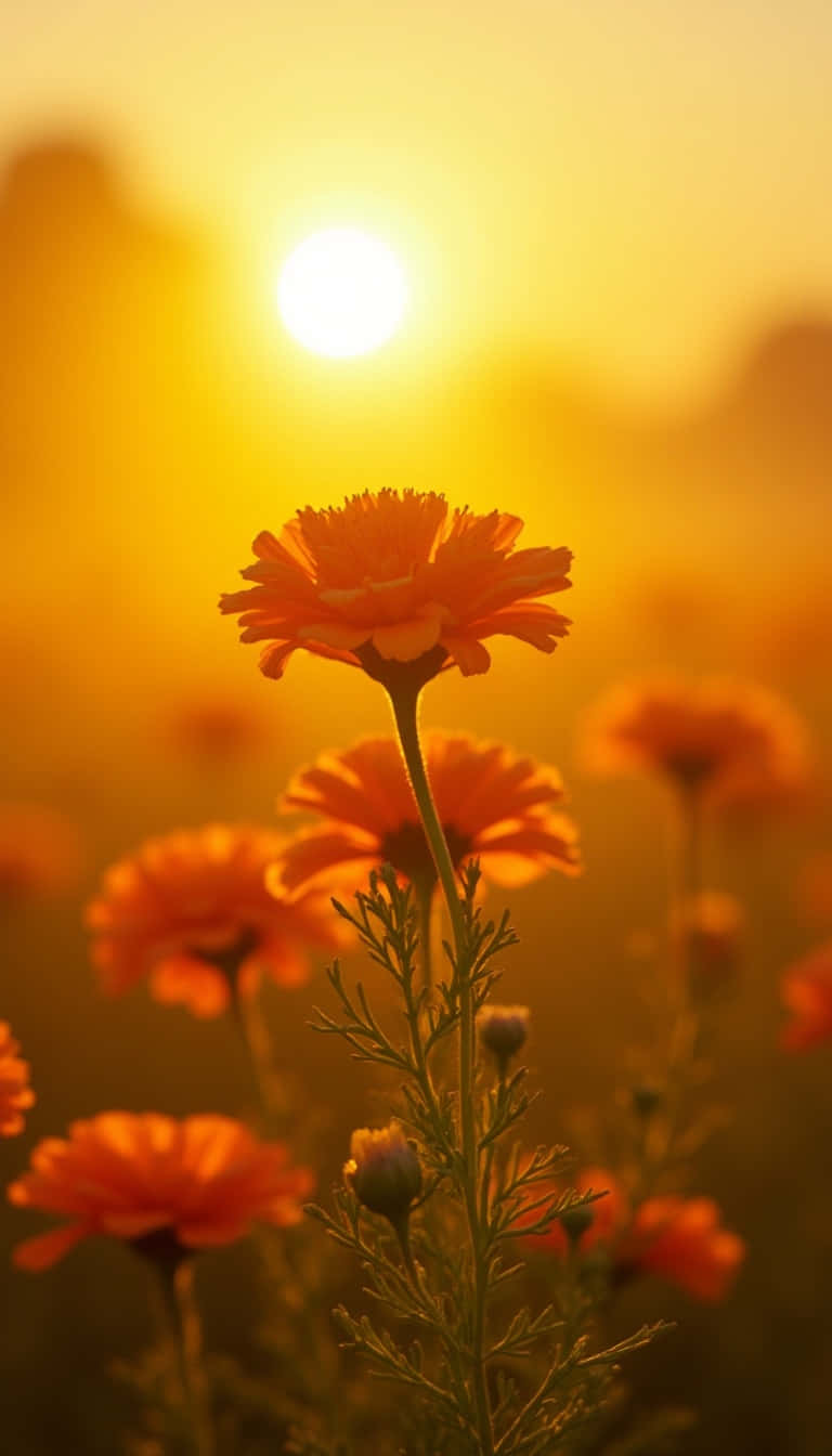 Flower 壁紙 — 一朵橙色萬壽菊在金色日落背景下清晰綻放，背景有模糊的花朵和溫暖的光線。