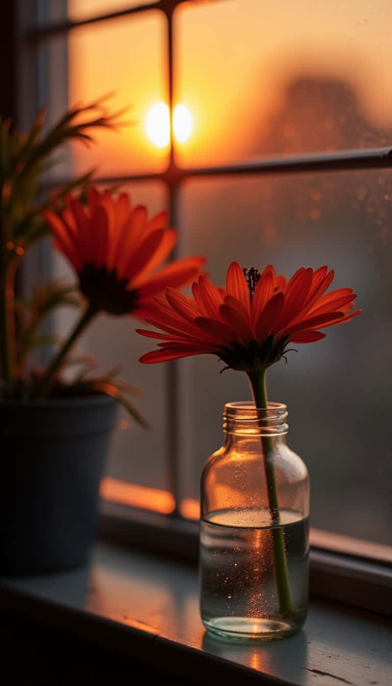 花卉 桌布 壁紙 — 一朵橙色非洲菊在玻璃罐中，在金色時刻的陽光窗戶前溫暖地發光。