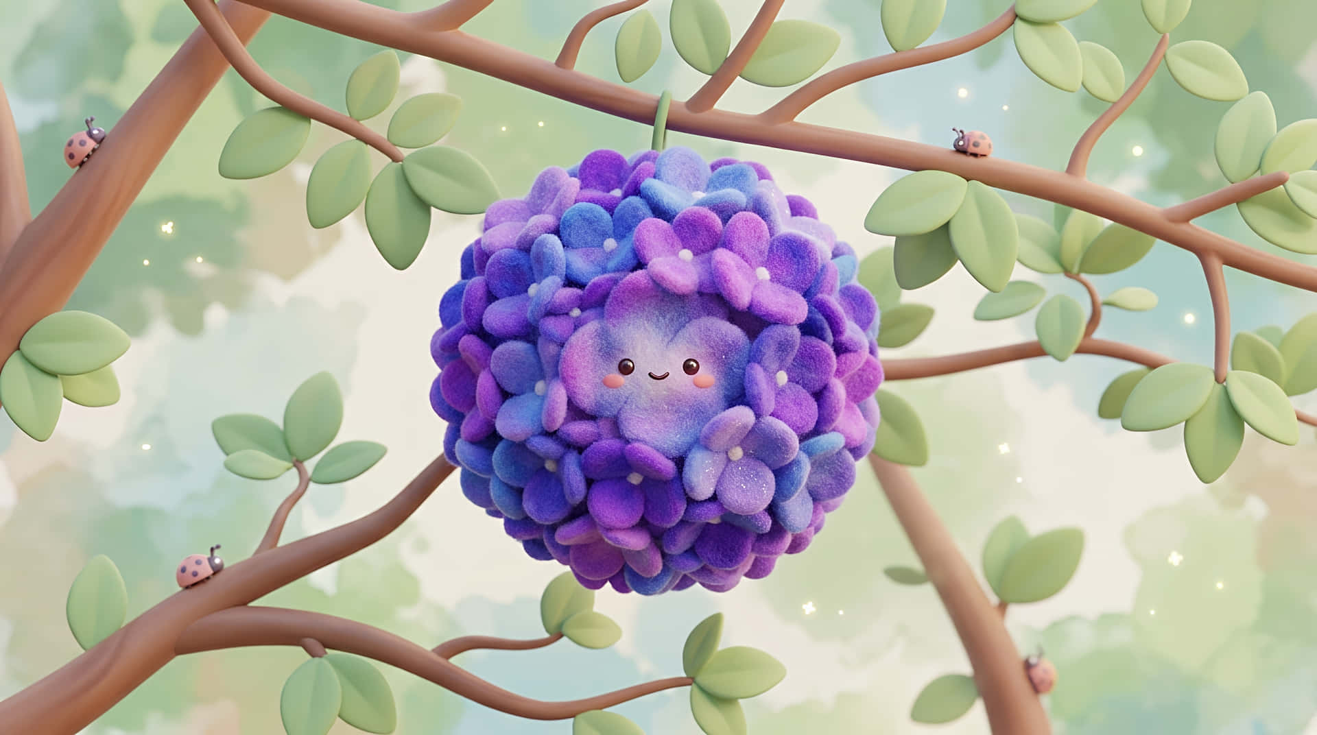 Whimsical Kawaii Felted Hydrangea with Ladybugs 壁紙 — 一朵毛茸茸的紫色花朵，帶有微笑的臉龐，藏在樹枝上的綠葉之間，還有瓢蟲。