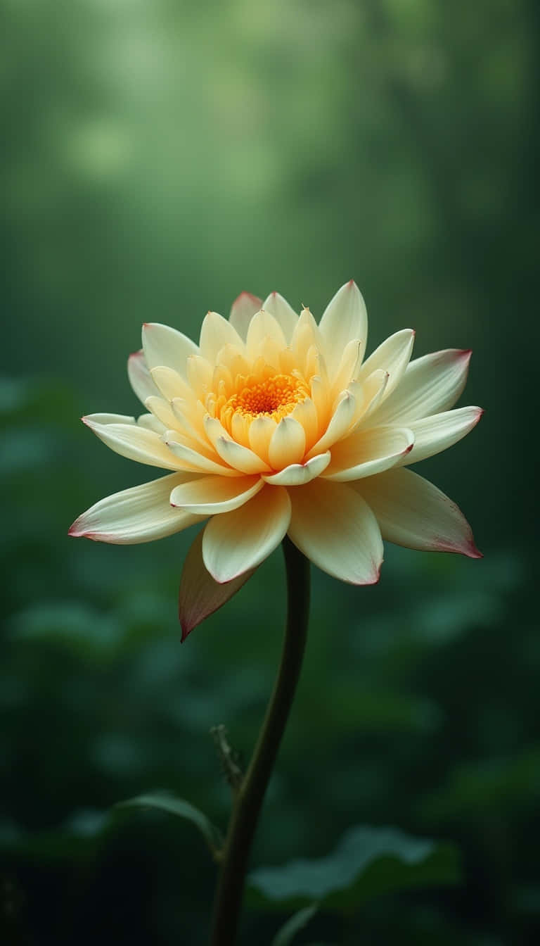 Flower 壁紙 — 一朵淡黃色睡蓮，中心呈橙色，在柔和的綠色模糊背景下優雅綻放。
