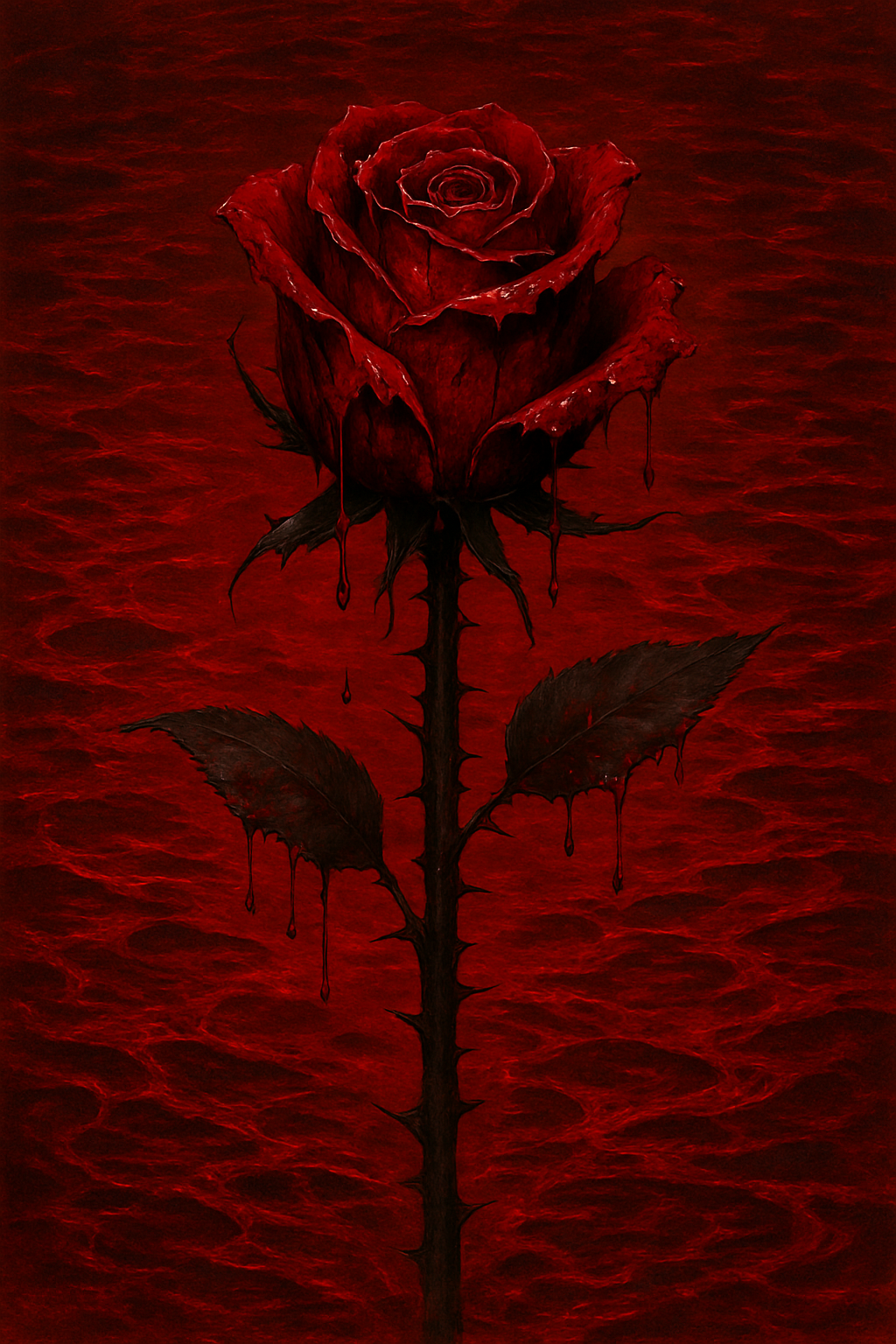 藝術 桌布 壁紙 — 一朵深紅玫瑰，花瓣和荊棘上滴著血，立在波紋暗紅背景前。