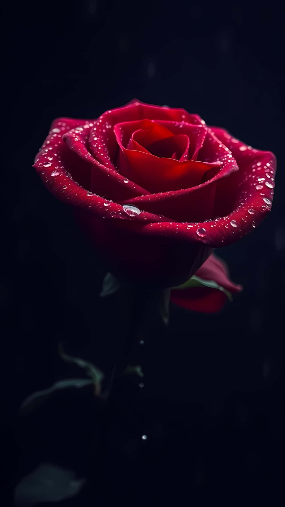 Dark Red Rose with Water Droplets Macro Photography 壁紙 — 一朵深紅玫瑰在純黑背景上閃爍著雨滴。