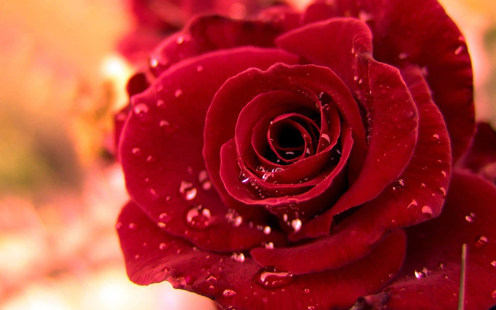 Rose Art 桌布 壁紙 — 一朵深紅色玫瑰的特寫，其天鵝絨般的花瓣上閃爍著水珠，背景溫暖而模糊。