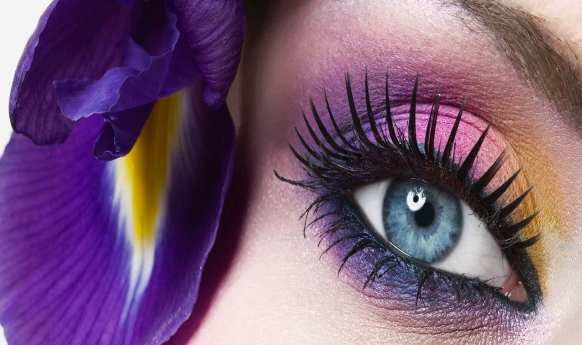 Purple Eye Shadow 桌布 壁紙 — 一朵深紫色鳶尾花旁邊，一隻生動的藍色眼睛的特寫，帶有戲劇性的紫色和粉紅色化妝。