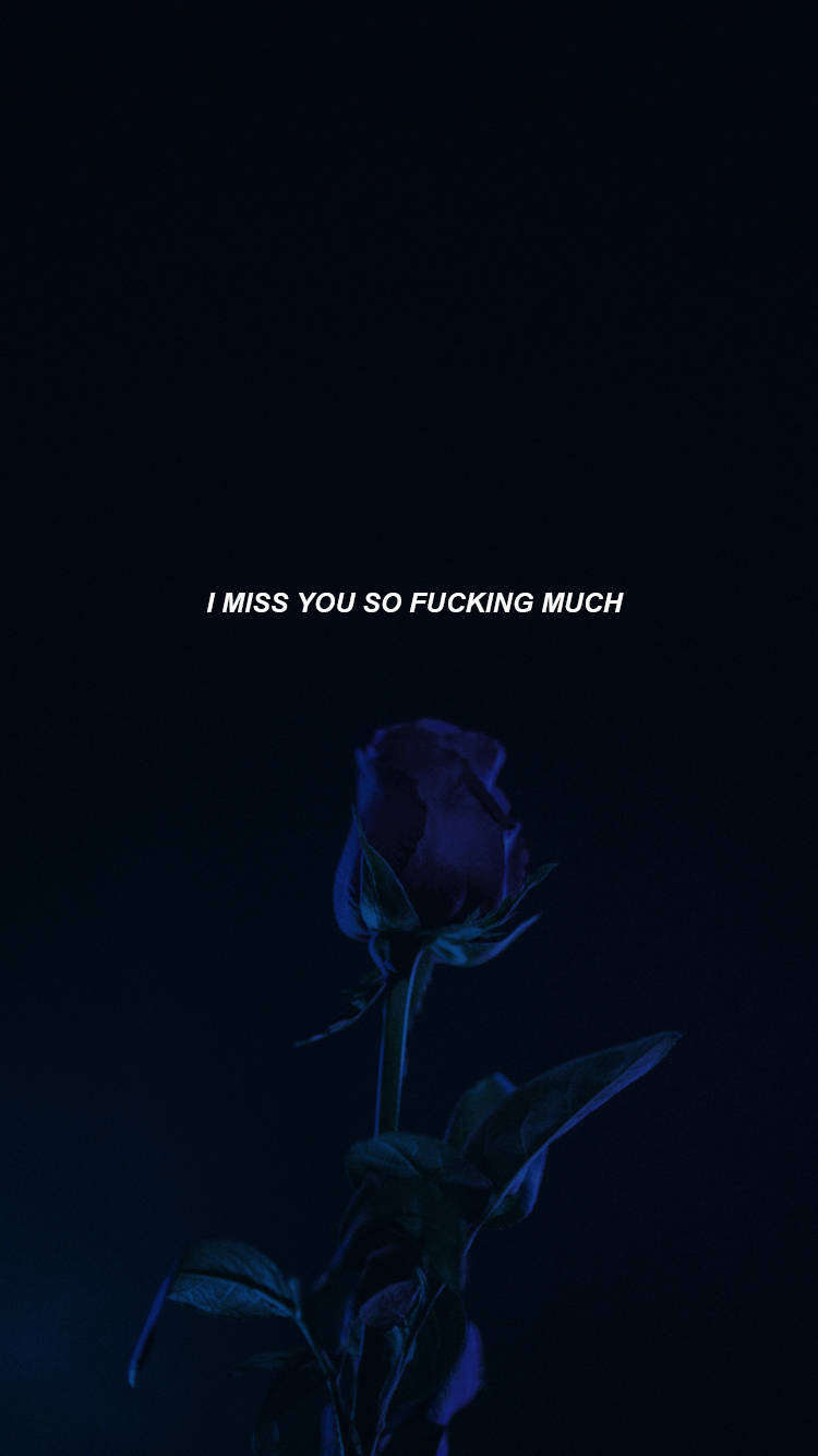 rose aesthetic phone 桌布 壁紙 — 一朵深藍色玫瑰在黑色背景上微弱發光，並有白色文字寫著 I MISS YOU SO FUCKING MUCH。