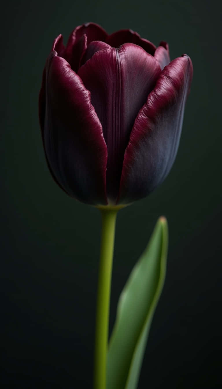 Flower 壁紙 — 一朵深酒紅色的天鵝絨花瓣鬱金香，在深綠色背景下高高聳立，莖和葉增添了對比。